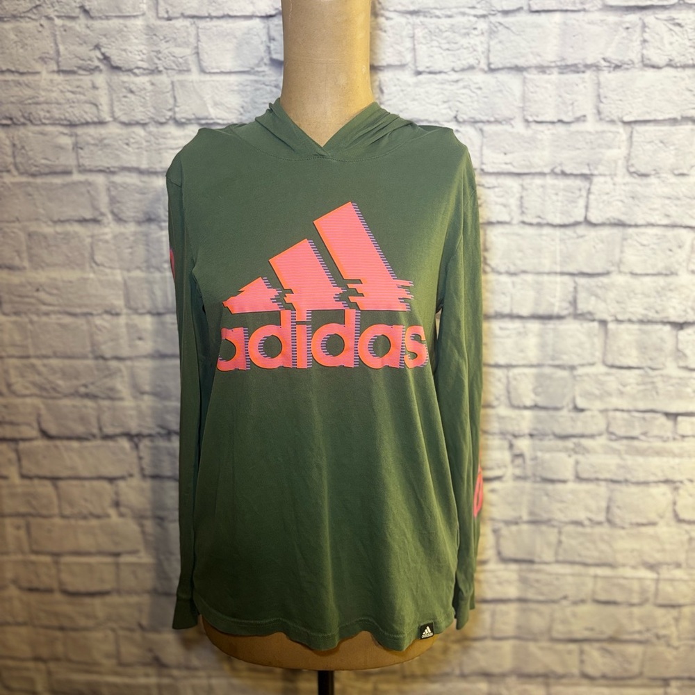 adidas Olive Green Hoodie with Pink Logo